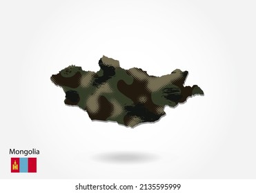 Mongolia map with camouflage pattern, Forest - green texture in map. Military concept for army, soldier and war. coat of arms, flag.