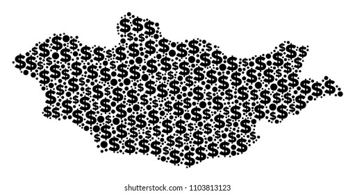 Mongolia map collage of dollar signs and sphere spots in variable sizes. Abstract vector financial and GDP Mongolia map.