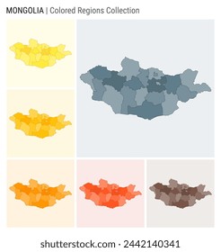 Mongolia map collection. Country shape with colored regions. Blue Grey, Yellow, Amber, Orange, Deep Orange, Brown color palettes. Border of Mongolia with provinces for your infographic.