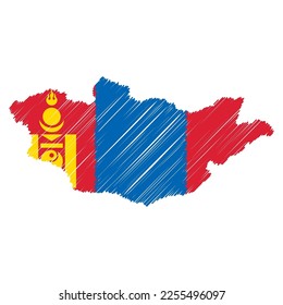 Mongolia map color hand drawn sketch. Vector concept illustration flag, scribble map. Country map for infographic, brochures and presentations isolated on white background. Vector illustration.