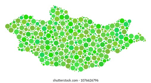 Mongolia Map composition of random dots in variable sizes and fresh green color tones. Vector small spheres are composed into mongolia map collage. Freshness geographic map design concept.