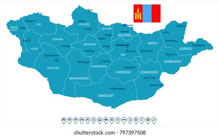 Mongolia map and flag - High Detailed Vector Illustration