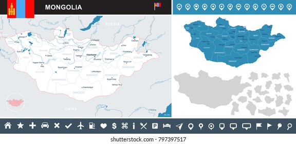 Mongolia map and flag - High Detailed Vector Illustration