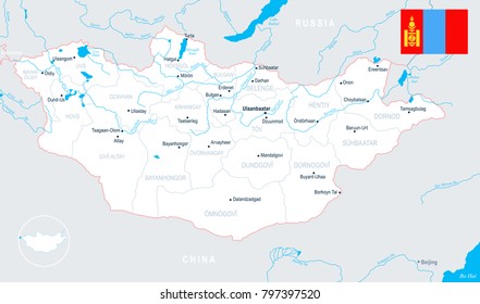 Mongolia map and flag - High Detailed Vector Illustration