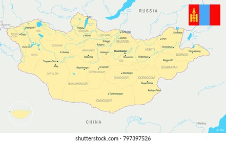 Mongolia map and flag - High Detailed Vector Illustration