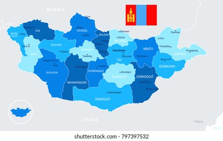 Mongolia map and flag - High Detailed Vector Illustration
