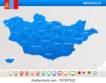 Mongolia map and flag - highly detailed vector illustration