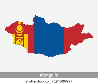 Bandera del mapa de Mongolia. Mapa de Mongolia con la bandera nacional de Mongolia aislada en fondo blanco. Ilustración vectorial.