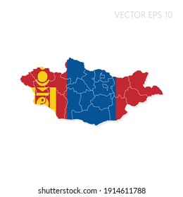Mongolia map with flag and shadow isolated on white background. Vector illustration EPS10.