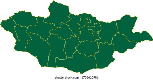 Mapa de Mongolia de color verde y borde amarillo sobre fondo blanco. Ilustración vectorial.