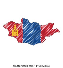 Mongolia map hand drawn sketch. Vector concept illustration flag, childrens drawing, scribble map. Country map for infographic, brochures and presentations isolated on white background. Vector