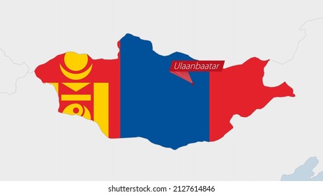 Mongolia map highlighted in Mongolia flag colors and pin of country capital Ulaanbaatar, map with neighboring Asian countries.