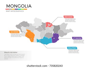 Mongolia map infographics vector template with regions and pointer marks
