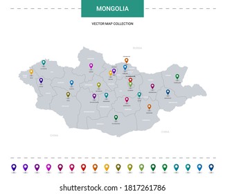 Mongolia map with location pointer marks. Infographic vector template, isolated on white background. 