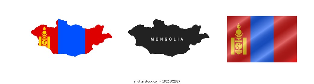 Mongolia. Map with masked flag. Detailed silhouette. Waving flag. Vector illustration isolated on white.