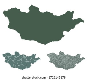 Mongolia traza mapas de vector con fronteras administrativas, regiones, municipios, departamentos en blanco negro. Mapa de plantillas de diseño gráfico.