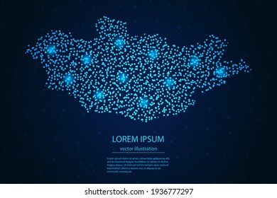 Mongolia map from point blue and glowing stars on a dark background. Vector eps 10.
