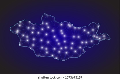 Mongolia map of polygonal mosaic lines network, rays and space stars of vector illustration