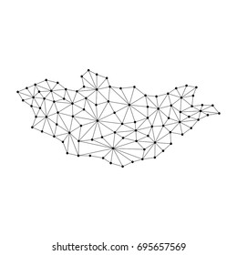 Mongolia map of polygonal mosaic lines network, rays and dots vector illustration.
