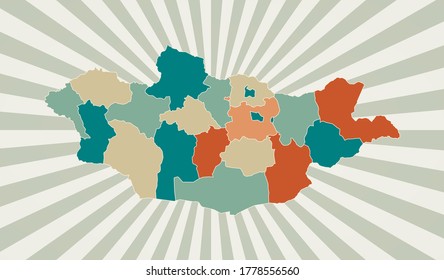 Mapa de Mongolia. Afiche con mapa del país en paleta de color retro. Forma de Mongolia con fondo de rayos solares. Ilustración vectorial.