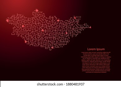 Mongolia map from red pattern of the maze grid and glowing space stars grid. Vector illustration.