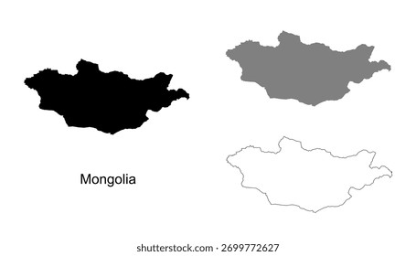 Mongolia map set. Mongolia map vector. Mongolia map on silhouette, gray, and outline