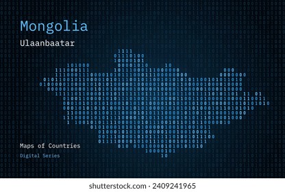 Mongolia Map Shown in Binary Code Pattern. Matrix numbers, zero, one. World Countries Vector Maps. Digital Series