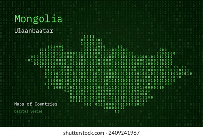 Mongolia Map Shown in Binary Code Pattern. Matrix numbers, zero, one. World Countries Vector Maps. Digital Series