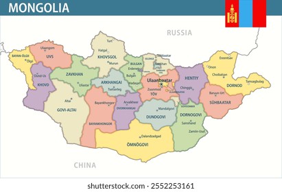 Mongolia Map Vetor New 2024 Colorful - Personalizável mapa político em camadas da Mongólia com divisões administrativas para site, educação, relatórios, notícias, política, impressão, cartaz e papel de parede