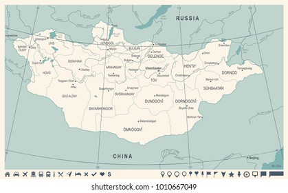 Mongolia Map - Vintage High Detailed Vector Illustration