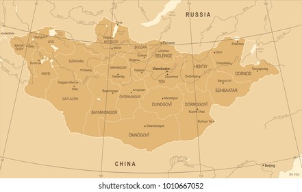 Mongolia Map - Vintage High Detailed Vector Illustration
