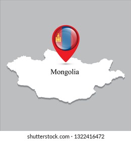 Mongolia map with white shadow and country name on the map. Check-in point with a national flag on a gray background.