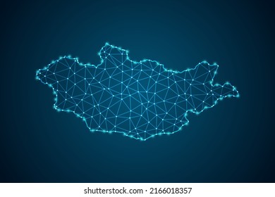 Mapa de Mongolia - Línea de máscaras del Mapa Mundial y escalas puntuales sobre fondo de tecnología azul. Malla 3D del marco de cables línea de red poligonal, esfera de diseño, punto y estructura - Ilustración vectorial eps 10