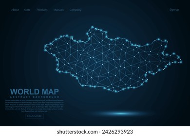Mapa de Mongolia - Mapa del Mundo línea de masa y escalas de puntos sobre fondo azul de la tecnología. Línea de red poligonal de malla 3D de marco de alambre, esfera de diseño, punto y estructura - Ilustración vectorial eps 10