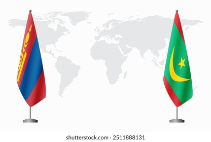 Mongolia and Mauritania flags for official meeting against background of world map.