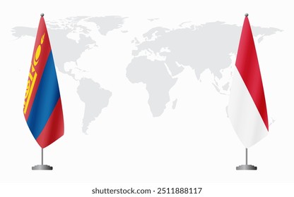 Mongolia and Monaco flags for official meeting against background of world map.