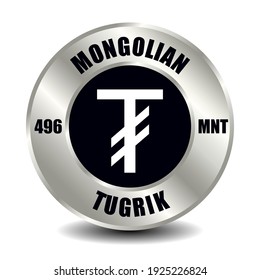 Mongolei Geldsymbol einzeln auf rund silberner Münze. Vektorzeichen des Währungszeichens mit internationalem ISO-Code und Abkürzung