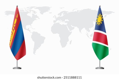 Bandeiras da Mongólia e da Namíbia para reunião oficial em segundo plano do mapa do mundo.
