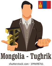 Mongolia national currency Mongolian togrog symbol representing money and Flag. Vector design concept of businessman in suit with his open hand over with currency isolated on white background EPS10.