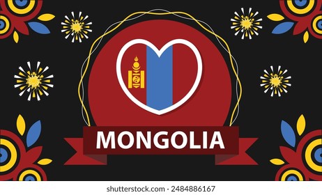 Mongolia National day vector banner design illustration with flag colors, geometric shapes and typography. fireworks and ribbon elements.