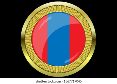 Mongolia national flag colors with golden frame vector illustration. Template for greeting card, illustration, label, logo, cover, button, emblem, badge, insignia or web page graphic design element.