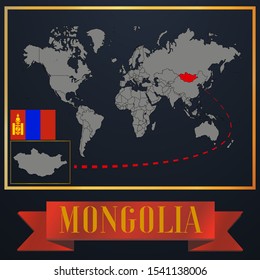 Mongolia national flag, realistic globe world map blank template, solid country outline silhouette, atlas for infographic, vector illustration set, isolated object, background