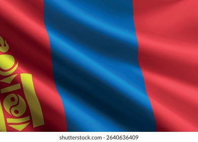 Mongolia national flag waving in the wind, realistic detailed silk texture
