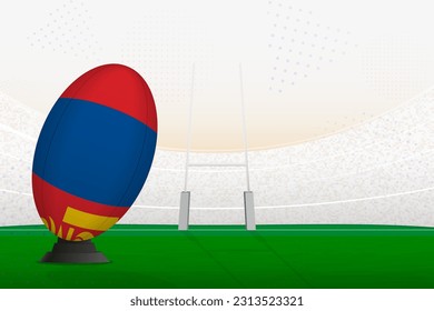 La selección nacional de rugby de Mongolia en el estadio de rugby y en los puestos de gol, preparándose para un penal o patada libre. Ilustración vectorial.