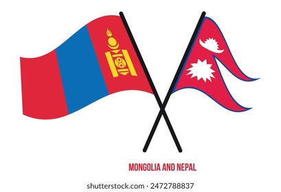 Mongolia and Nepal Flags Crossed And Waving Flat Style. Official Proportion. Correct Colors.