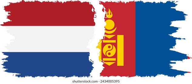 Mongolia and Netherlands grunge flags connection, vector