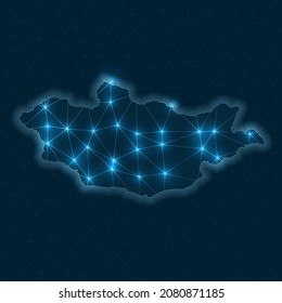 Mongolia network map. Abstract geometric map of the country. Digital connections and telecommunication design. Glowing internet network. Appealing vector illustration.