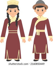 Mongolia nomadic Couple standing Concept, national Asian costume for festival vector color icon design, World Indigenous Peoples symbol, characters in casual clothes Sign, traditional dress stock