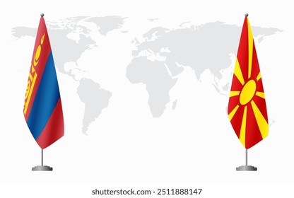 Mongolia and Northern Macedonia flags for official meeting against background of world map.