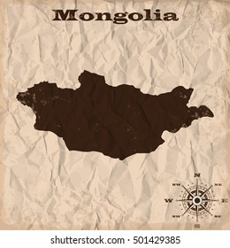 Mongolia old map with grunge and crumpled paper. Vector illustration